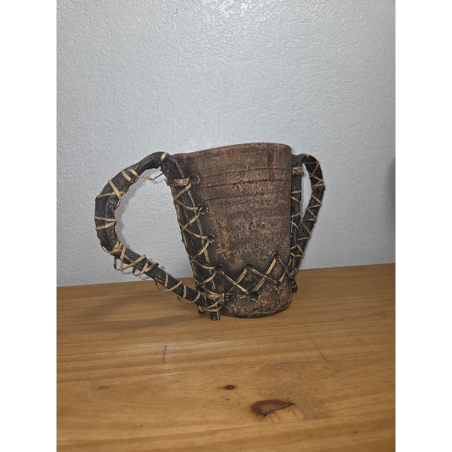 Handcrafted Primitive Clay Vessel With Wrapped Vine Handles, Rustic Folk Art Sculptural Vase For Sale - Image 12 of 12
