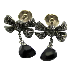 Pomellato 18k White Gold Black Diamond Onyx Drop Bow Earrings, Pair