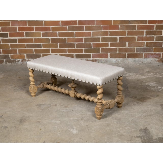Early 20th Century Early 20th Century English Turn of the Century Bleached Wood Barley Twist Bench with Upholstery For Sale - Image 5 of 12
