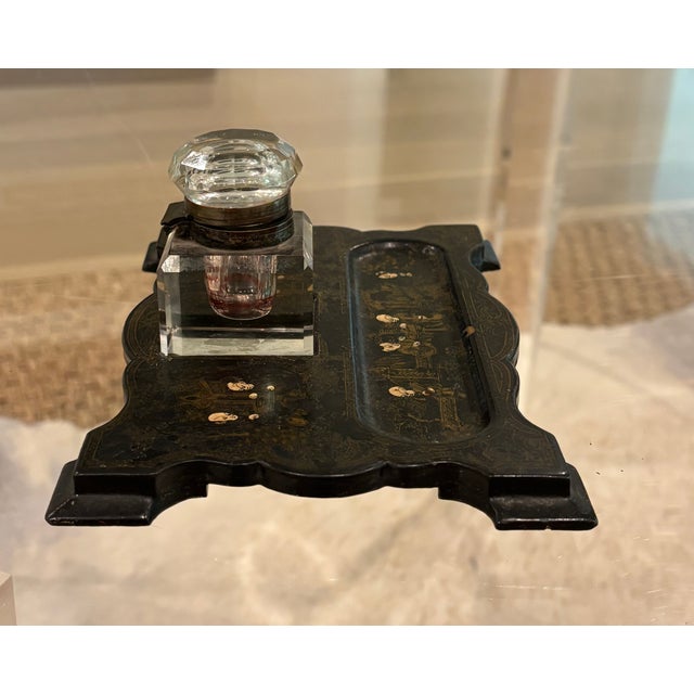 Antique 19th Century Black Lacquer Chinoiserie Inkstand With Cut Glass Inkwell For Sale - Image 9 of 18