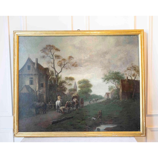 Wood Flemish 18th Century Oil on Canvas, Suburban Street with Wayfarers For Sale - Image 7 of 12