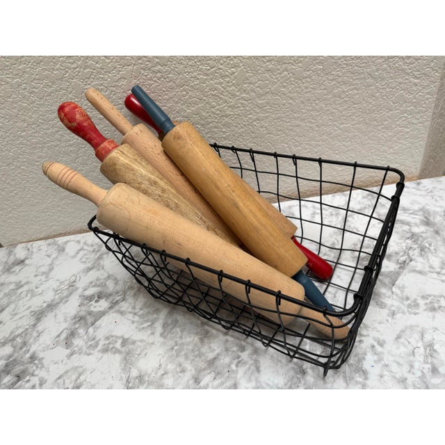 Wood Vintage Rustic Wood Set of Assorted Rolling Pins, Set of Six With Black Metal Basket For Sale - Image 7 of 10