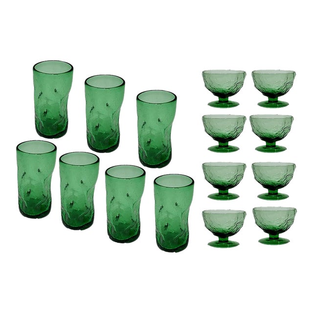 1960s Mid-Century Modern Emerald Green Blenko Glass Pinch Crackle Tumblers & Pedestal Dessert Dishes - 15 Pieces For Sale