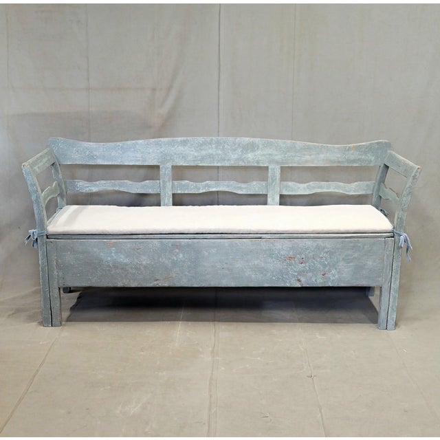 Antique 19th Century Swedish Storage Bench With Blue/Gray Paint and Linen Cushion For Sale - Image 4 of 18