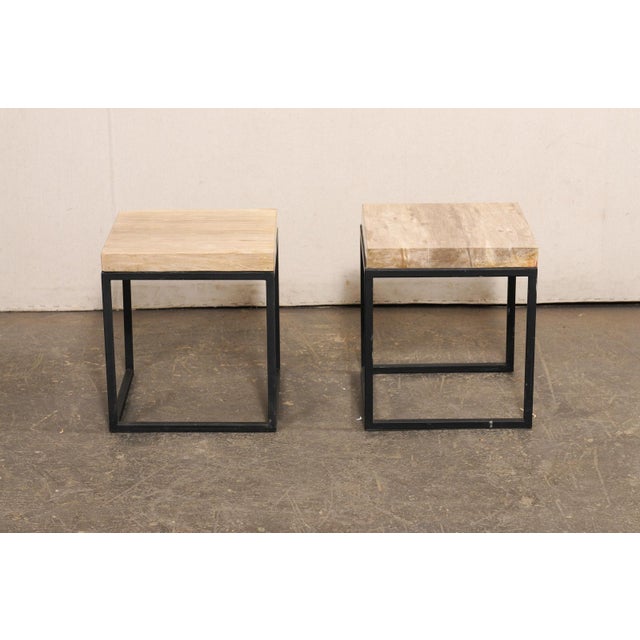 Contemporary Petrified Wood Top & Iron End Tables - A Pair For Sale - Image 3 of 9