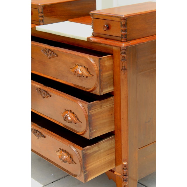 Exceptional 19th Century Renaissance Revival Walnut & Marble Drop-Center Dresser For Sale - Image 9 of 18