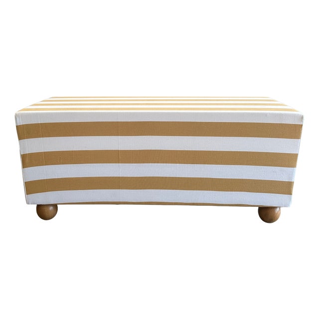 Vintage Bench with Wooden Legs and Striped Fabric, 1980s For Sale