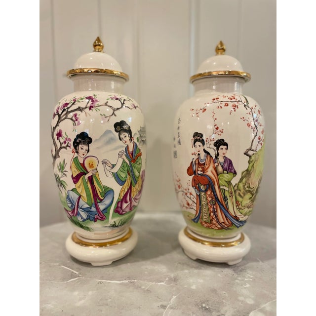Pair of Vintage Chinoiserie Japanese Geisha Floral Gold Ginger Jar Lidded Vases Famille Rose Style. Mid Century. Sourced...