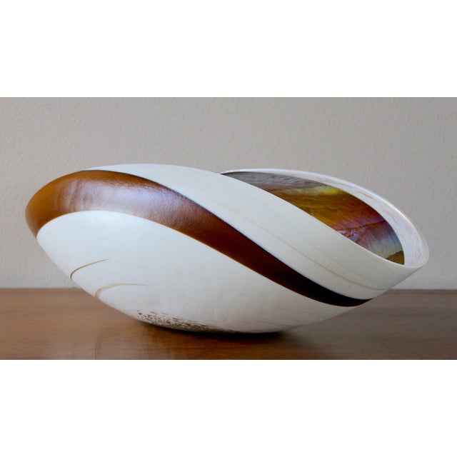 Glass Murano Attributed Art Glass Bowl – Iridescent Cartoccio Form in Ivory & Brown, Hand-Blown Venetian Style Sculptural Centerpiece For Sale - Image 7 of 16