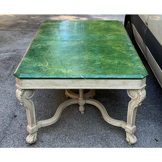 1960s Mid-Century Italian Regency Style Faux Marble Painted Dining Table - 5 Leaves For Sale - Image 5 of 14