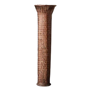 Antique Cylindrical Tall Japanese Woven Rattan Vase For Sale