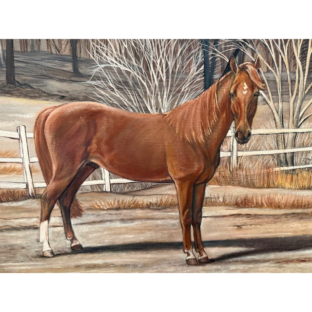 Rustic Mid Century Oil Painting of a Chestnut Horse in a Idyllic Winter Landscape For Sale - Image 3 of 6