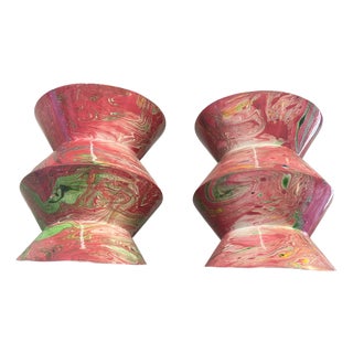 Made Goods “Raine” Lacquered Resin Stool / Accent Table – Pink Swirl (Pair) For Sale