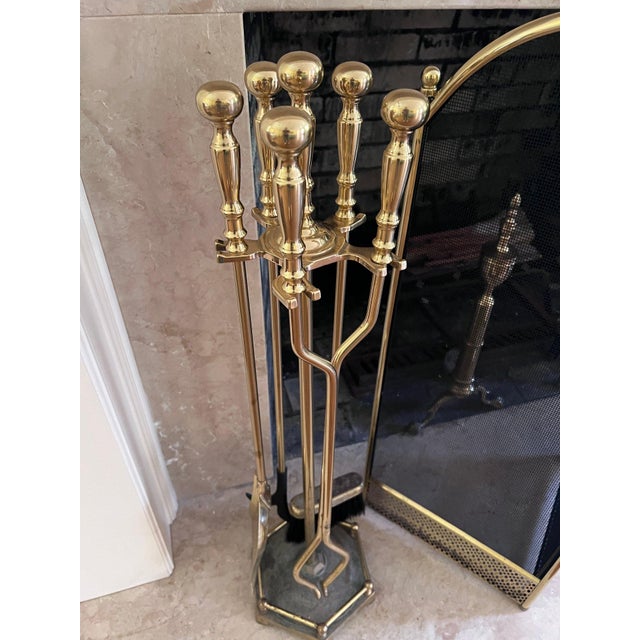 Late 20th Century Vintage Brass Fireplace Screen, Andirons & Tools Set- 8 Pieces For Sale - Image 5 of 7