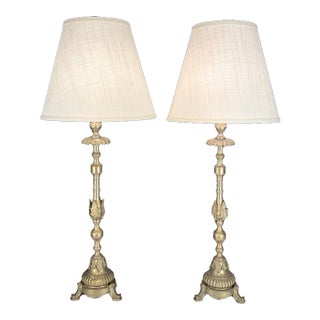 Antique French Gilt Metal Church Altar Candlestick Table Lamps - Pair For Sale