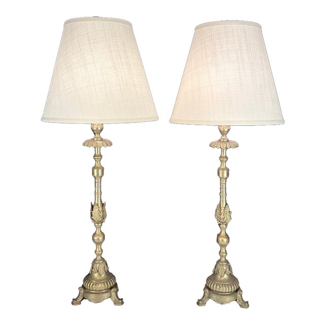 Antique French Gilt Metal Church Altar Candlestick Table Lamps - Pair For Sale