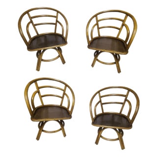 Late 20th Century Restored Bentwood Bamboo Cane Swivel Dining Chairs Attributed to Brown Jordan | Set of 4 For Sale