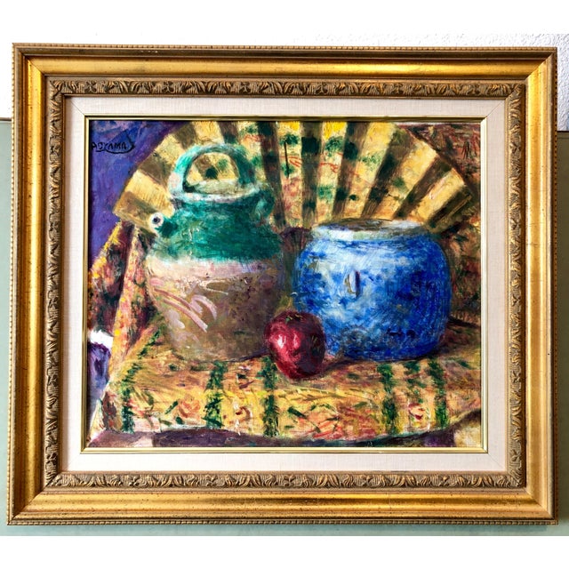 Yoshio Aoyama, Japanese Fauvist Colorful Oil Painting Chinese Ceramic Jars with Fan and Apple, 1981 For Sale - Image 10 of 10