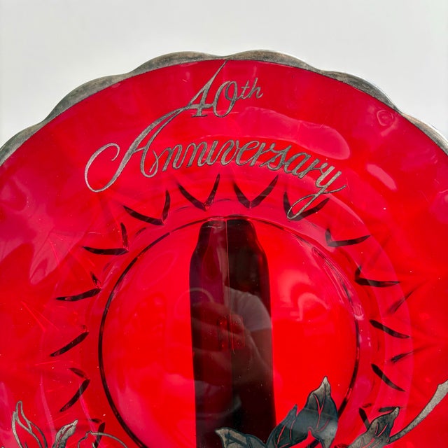 Vintage 40th Anniversary Ruby Red Glass Handled Plate With Silver Floral Overlay, 13” For Sale - Image 4 of 9