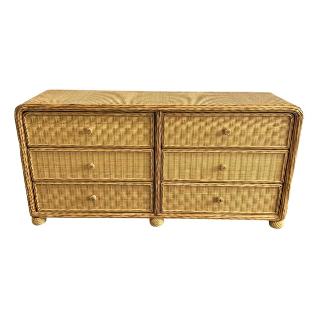 Vintage Boho Chic Pencil Reed Rattan Six Drawer Dresser For Sale