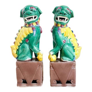 Antique Famille Verte Style Ceramic Foo Dog Pair: Green, Yellow and Brown Glazed Asian Figurines For Sale