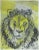 Abstract portrait of an African lion painted in dark gray on a yellow-green, olive green and pale gray watercolor...