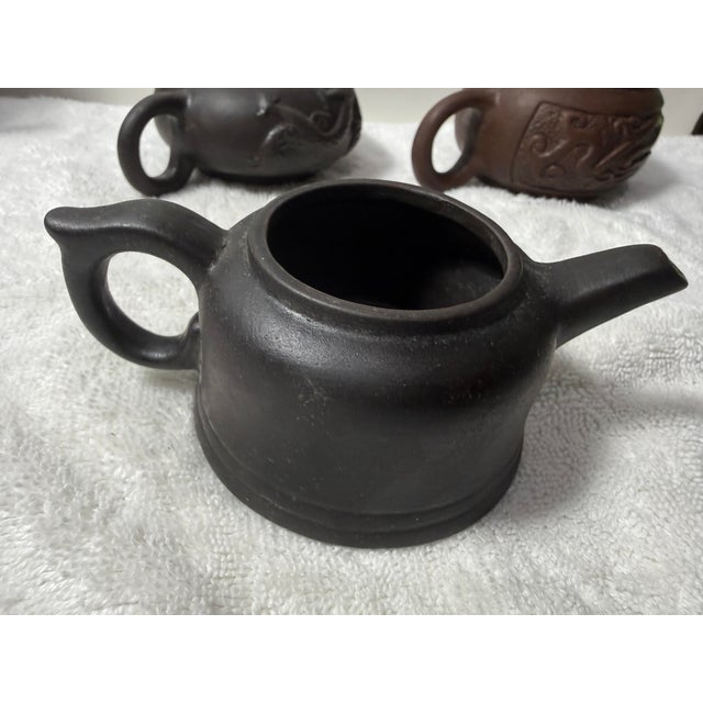 Ceramic Vintage Chinese YiXing Small Teapots Dragon Motif Brown/Dark 20th C. - Set of 3 For Sale - Image 7 of 12