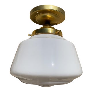 Vintage 1940s Schoolhouse Farmhouse Shade With Brass Ceiling Fixture For Sale