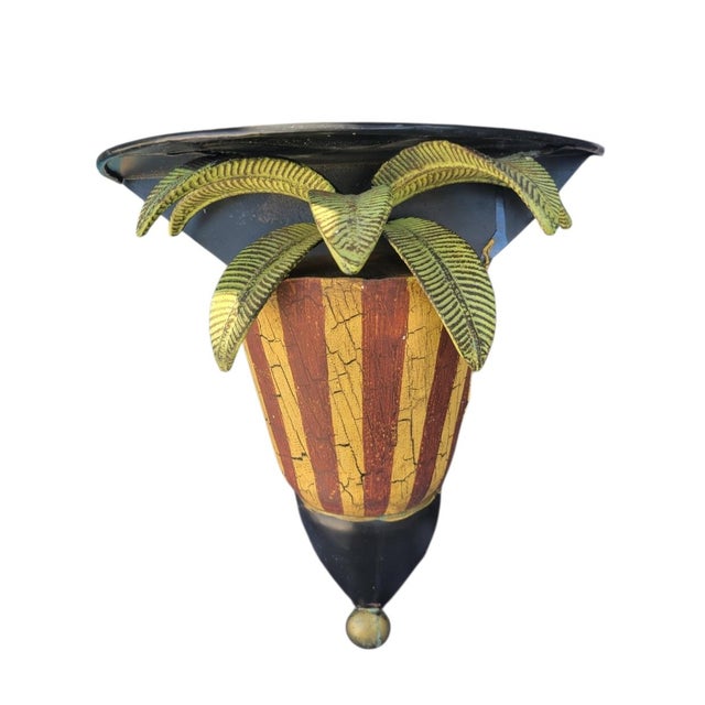 Metal Vintage Palm Beach Regency Striped Painted Metal Palm Tree Wall Bracket / Shelf For Sale - Image 7 of 9