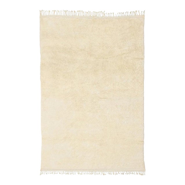 Minimalist Ivory Hand-Knotted Moroccan Wool Rug | 6'6" X 10'1" | One of a Kind For Sale
