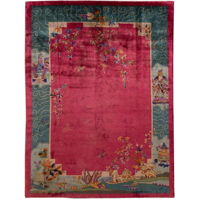 Antique Art Deco Brigth Red Traditional Chinese Handmade Wool Rug For Sale - Image 9 of 9