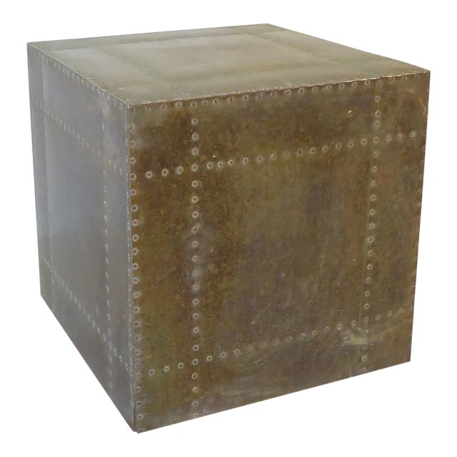 Vintage Gray-Green Brass Cube Side Table For Sale