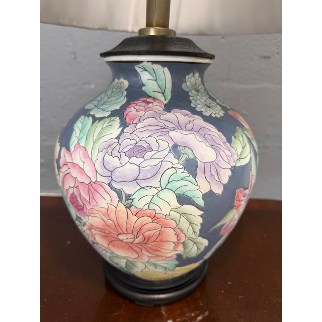 Beautiful vintage ceramic table lamp featuring a richly hand-painted peonies motif in soft pink, coral, lavender, and...