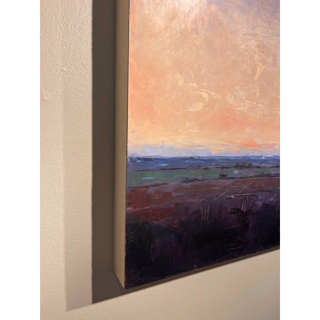 Contemporary Sunset by Sandra Pratt | Oil on Cradled Board Landscape with a colorful sky at dusk For Sale - Image 3 of 5