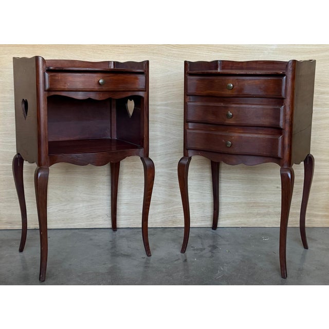 Late 19th Century French Walnut Pair of Nightstands with Heart Open Shelf / Three Drawers For Sale - Image 17 of 18