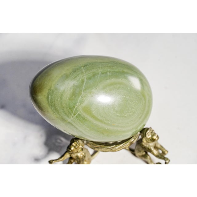 Olive Wonderful Antique Polished Stone Specimen Eggs on Monkey Stands Grand Tour Mineral Collection Pair Home Decor For Sale - Image 8 of 16