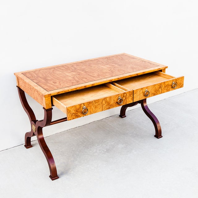 Restored Burl & Brass Vintage Regency Writing Desk by Baker For Sale - Image 11 of 15