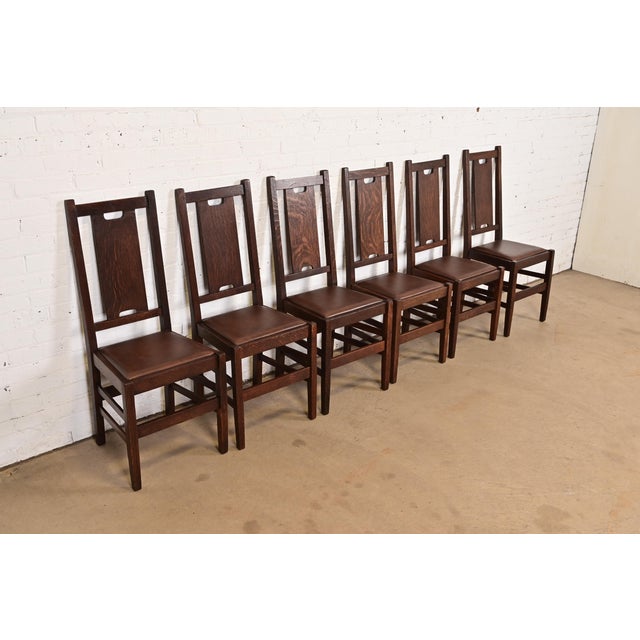 Stickley Gustav Stickley Antique Mission Oak Arts & Crafts H-Back Dining Chairs With Leather Seats, Newly Restored For Sale - Image 4 of 11