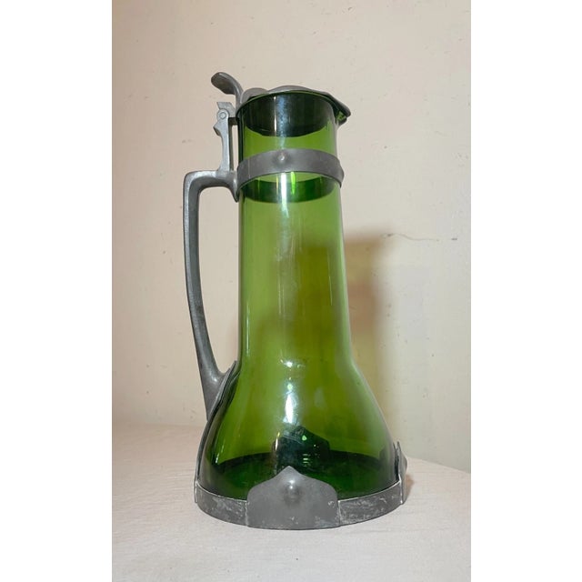 Arts & Crafts Large Antique 1800's German Arts and Crafts Pewter Green Glass Tankard Pitcher For Sale - Image 3 of 14
