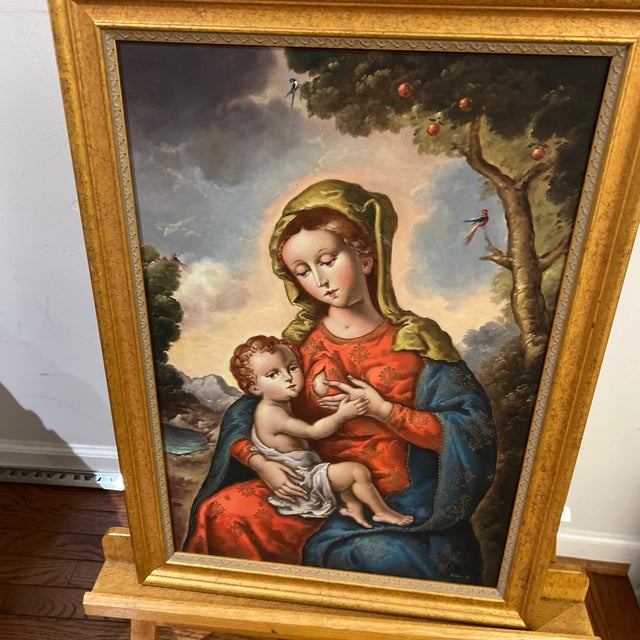 20th Century Oil on Canvas Cuzco School Signed Framed Madonna With Child For Sale - Image 10 of 11