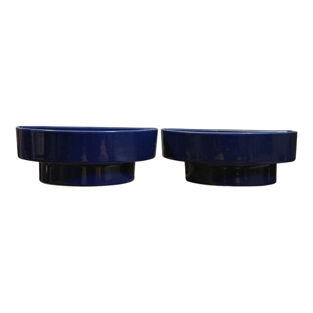 Pair of Vintage Japanese Modernist Dark Blue Half Moon Ikebana Vases For Sale