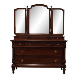 Vintage Antique Solid Mahogany Traditional English Imperial 54" Dresser W. Glove Boxes and Tri-Fold Mirror For Sale