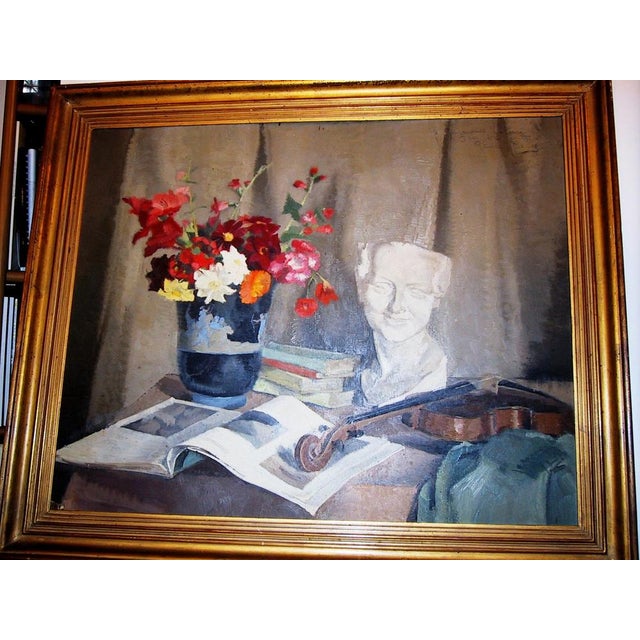 Reine Virely, Still Life of Flowers with Sculpture and Violin, Oil on Panel, 1937 For Sale - Image 3 of 3