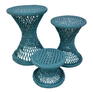 1970s Set of 3 Wicker Rattan Cane Woven Teal Blue Pedestal Stools For Sale