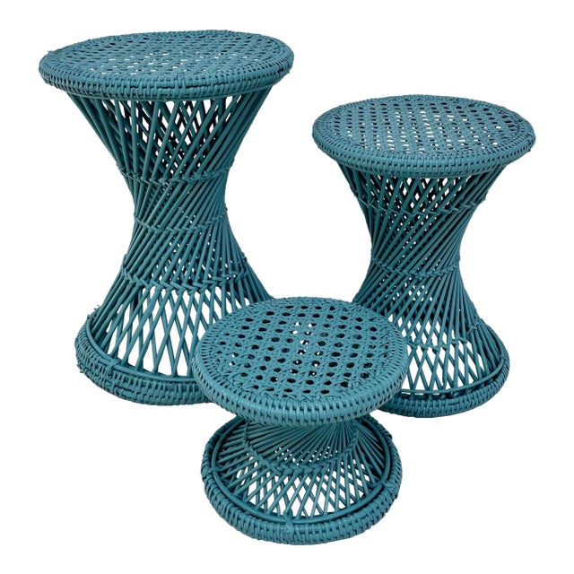 1970s Set of 3 Wicker Rattan Cane Woven Teal Blue Pedestal Stools For Sale