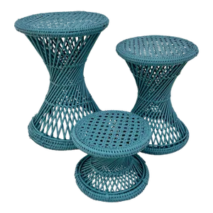 1970s Set of 3 Wicker Rattan Cane Woven Teal Blue Pedestal Stools