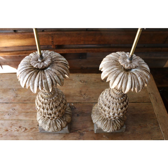 1940s Vintage Italian Carved Wood Pineapple Table Lamps — Pair For Sale - Image 5 of 18