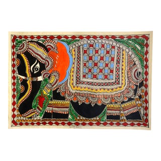 Mamta Devi (2016 National Award Recipient) – Hand-Painted Madhubani Painting of a Decorated Elephant on Handmade Khadi Paper For Sale