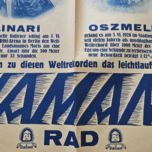 Diamant Bicycles World Record Linari y Oszmella Poster, 1928 For Sale - Image 3 of 5