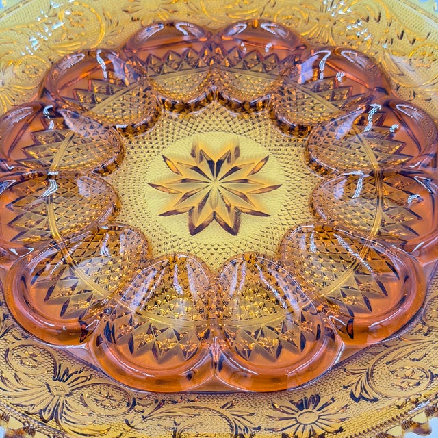 1960s 1960s Indiana Sandwich Glass Tiara Amber Deviled Egg Serving Platter Sawtooth Rim 12" For Sale - Image 5 of 5